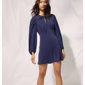 Wilfred Mini Dress Size 2 Navy Blue Silk Long Sleeve Ruffle Neck Tie Keyhole